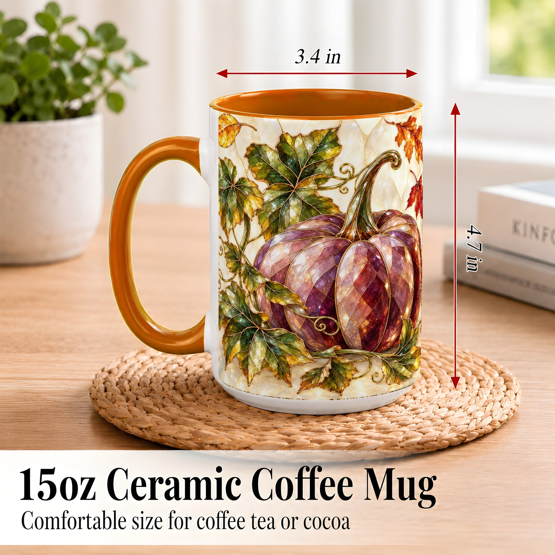 #pl[15oz|Orange] Jeweled Pumpkin Coffee Mug, Autumn Leaves Mug, Ceramic Cup