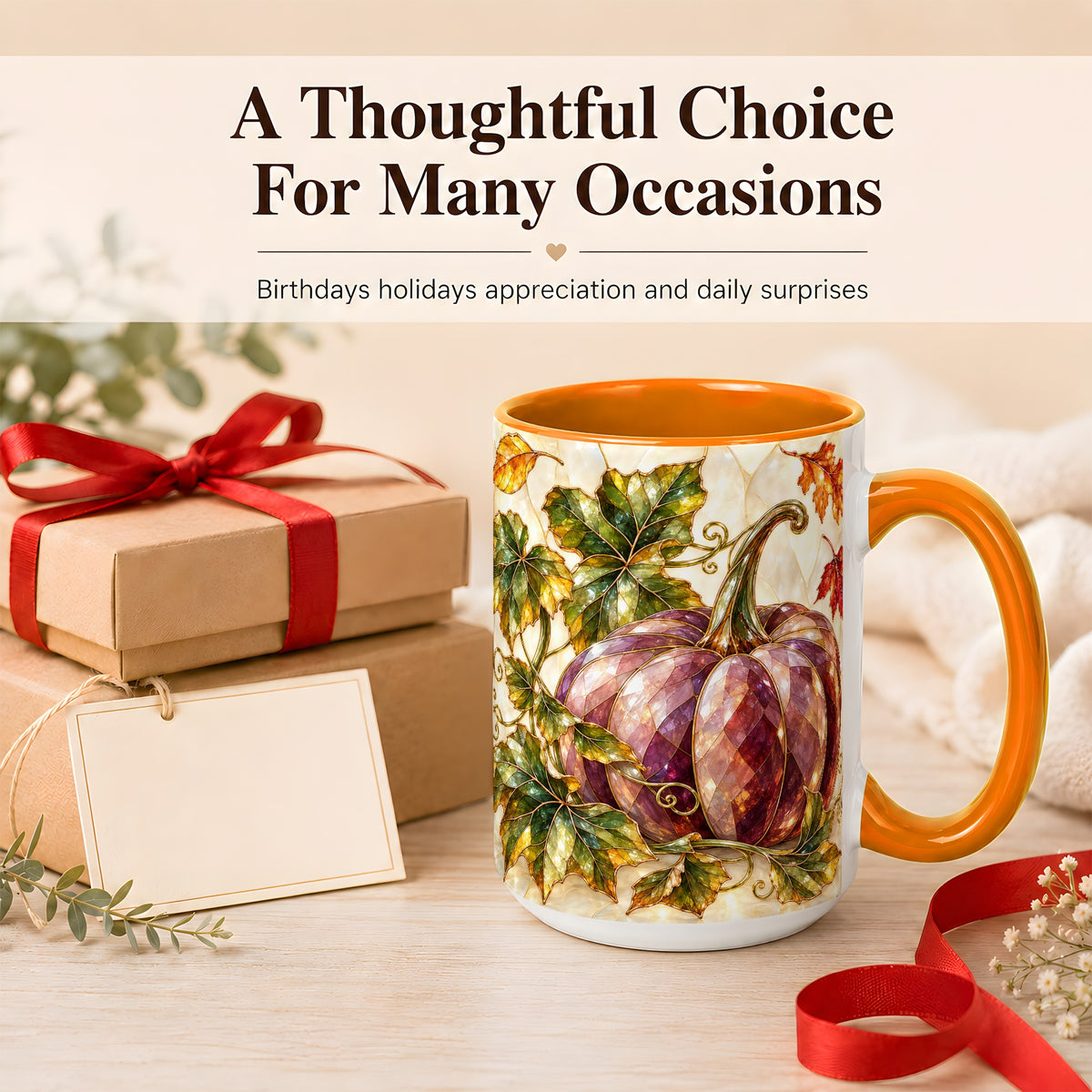#pl[15oz|Orange] Jeweled Pumpkin Coffee Mug, Autumn Leaves Mug, Ceramic Cup