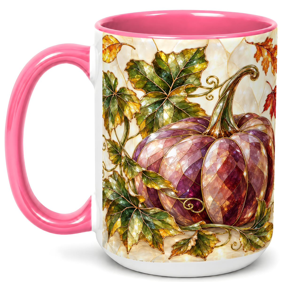 #pl[15oz|Pink] Jeweled Pumpkin Coffee Mug, Autumn Leaves Mug, Ceramic Cup