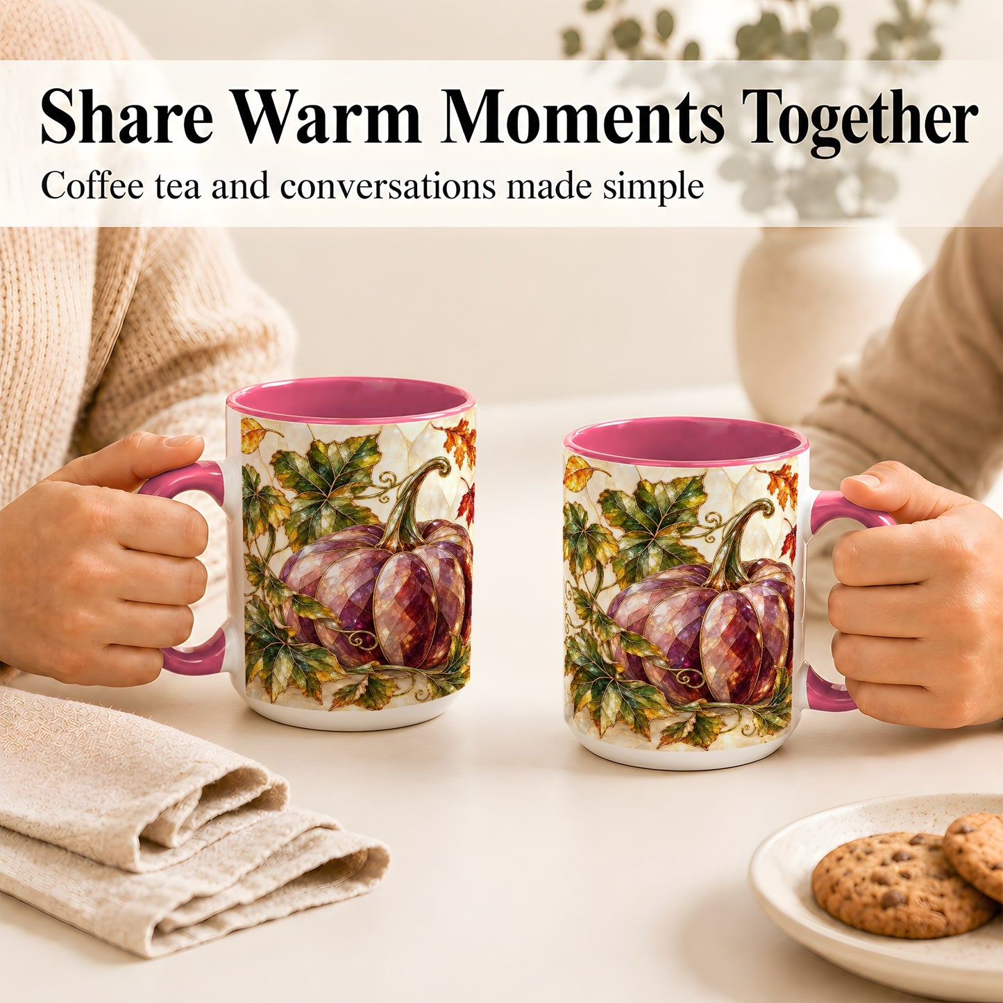 #pl[15oz|Pink] Jeweled Pumpkin Coffee Mug, Autumn Leaves Mug, Ceramic Cup