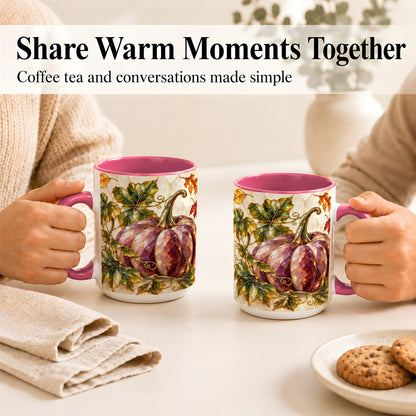#pl[15oz|Pink] Jeweled Pumpkin Coffee Mug, Autumn Leaves Mug, Ceramic Cup