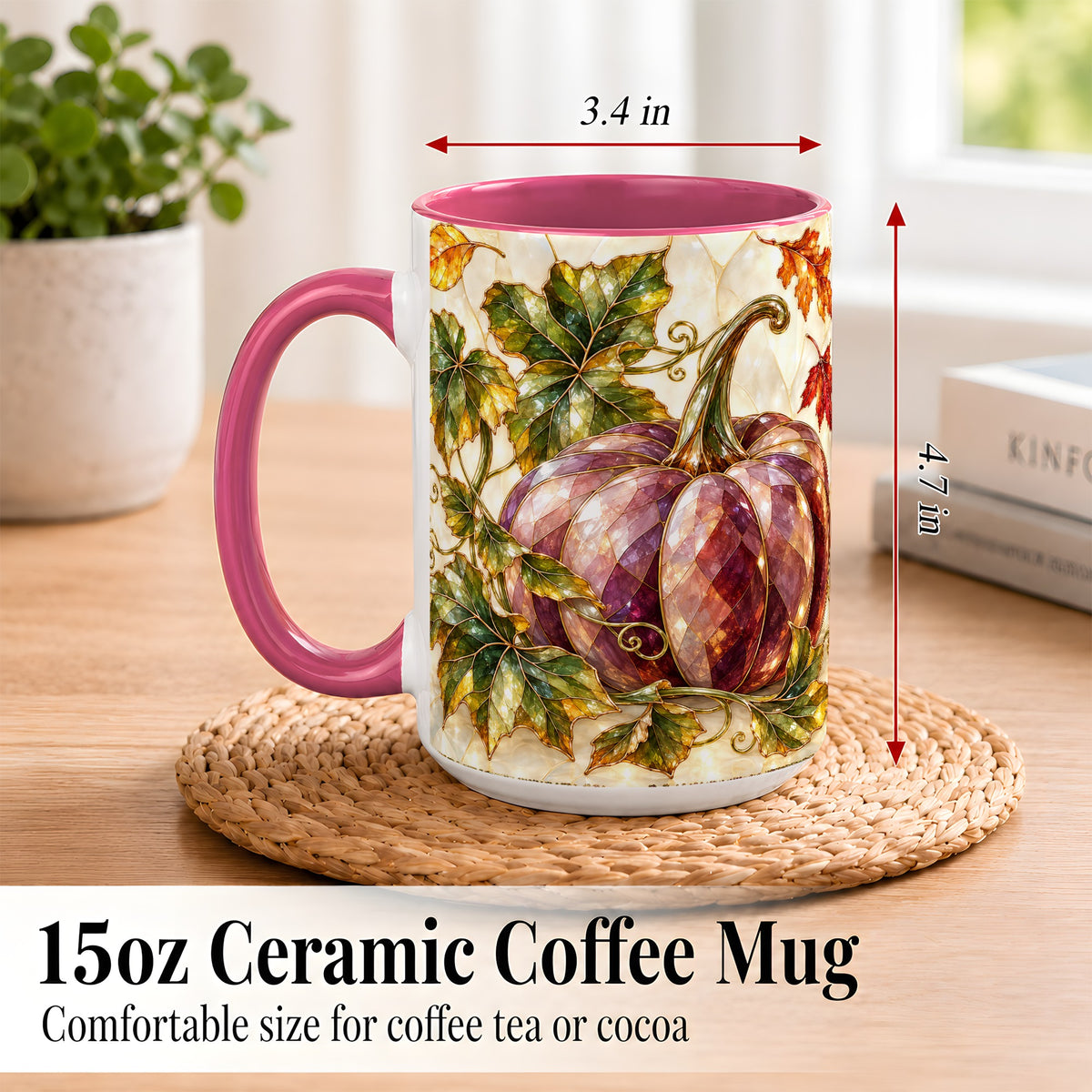 #pl[15oz|Pink] Jeweled Pumpkin Coffee Mug, Autumn Leaves Mug, Ceramic Cup