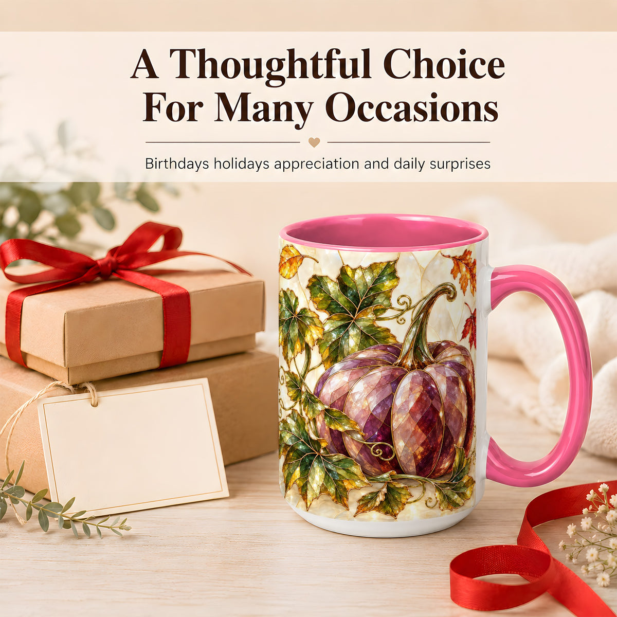 #pl[15oz|Pink] Jeweled Pumpkin Coffee Mug, Autumn Leaves Mug, Ceramic Cup