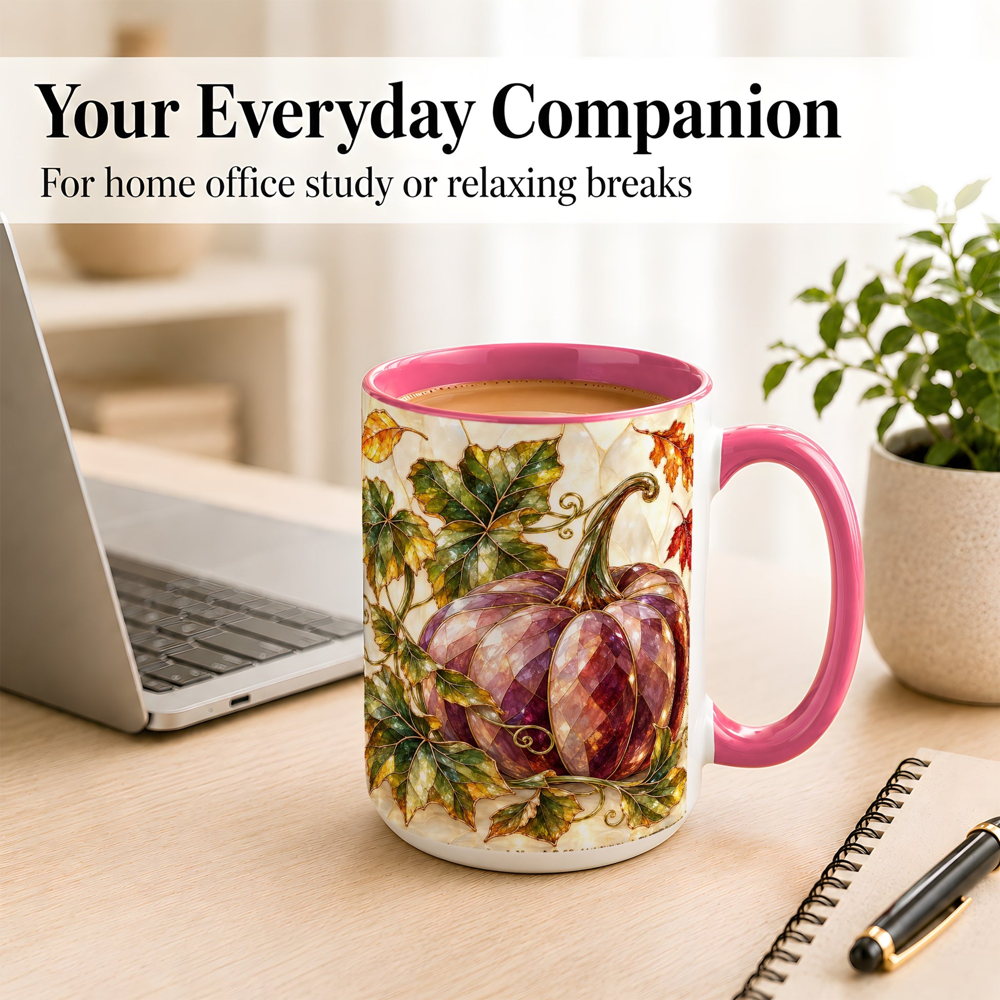#pl[15oz|Pink] Jeweled Pumpkin Coffee Mug, Autumn Leaves Mug, Ceramic Cup