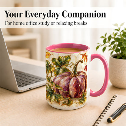 #pl[15oz|Pink] Jeweled Pumpkin Coffee Mug, Autumn Leaves Mug, Ceramic Cup
