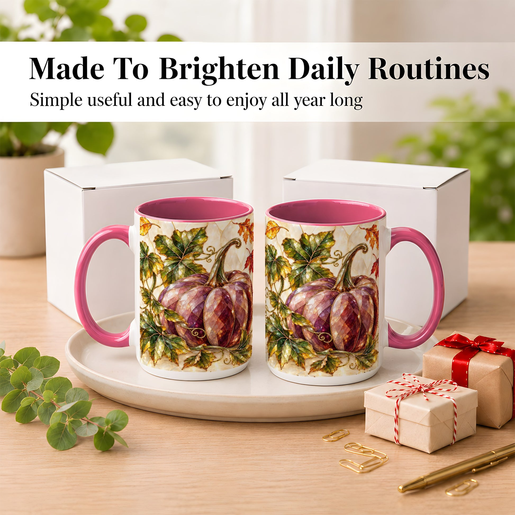 #pl[15oz|Pink] Jeweled Pumpkin Coffee Mug, Autumn Leaves Mug, Ceramic Cup