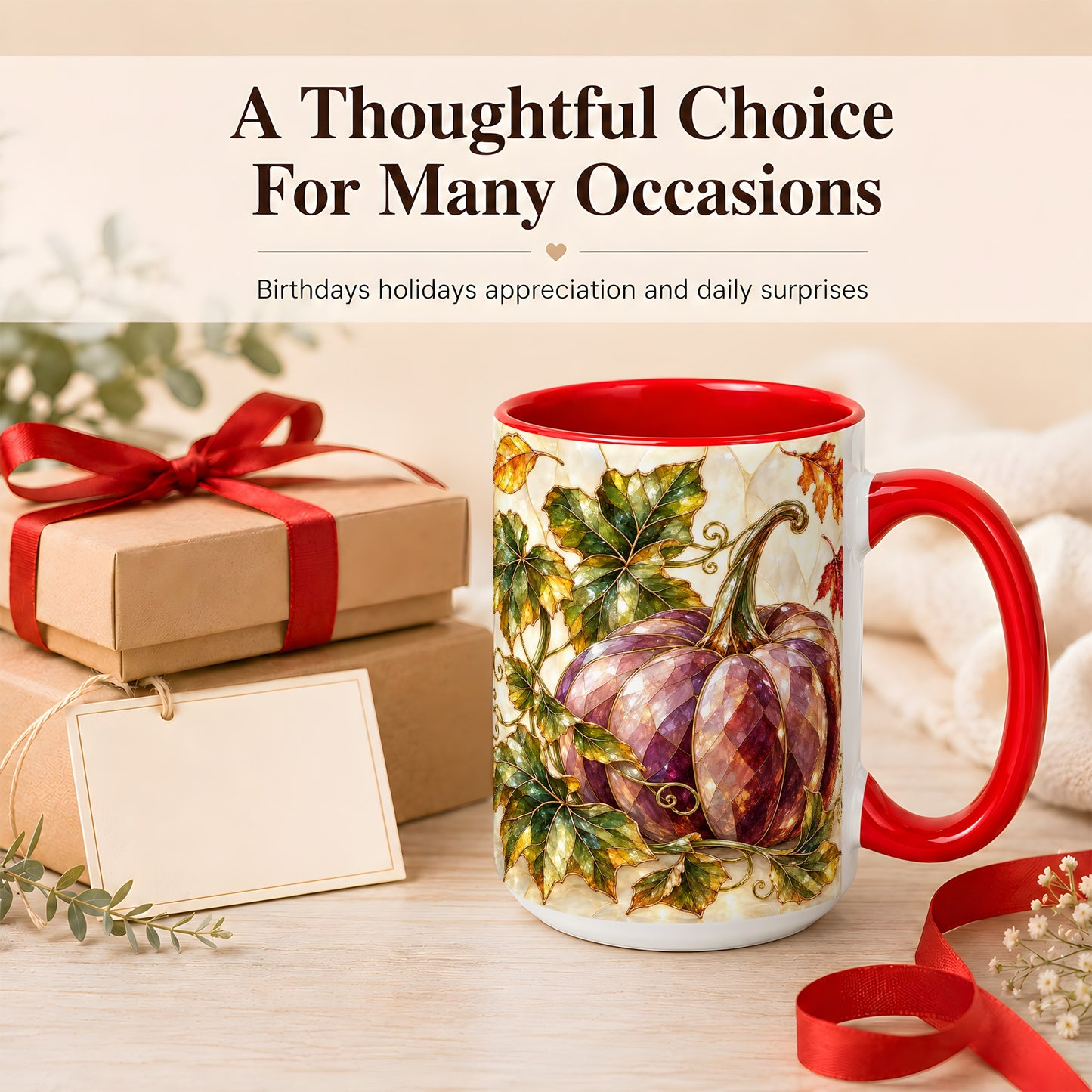 #pl[15oz|Red] Jeweled Pumpkin Coffee Mug, Autumn Leaves Mug, Ceramic Cup