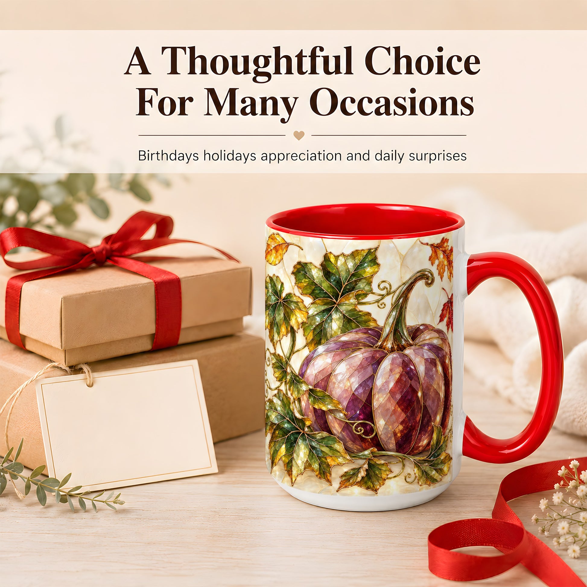 #pl[15oz|Red] Jeweled Pumpkin Coffee Mug, Autumn Leaves Mug, Ceramic Cup