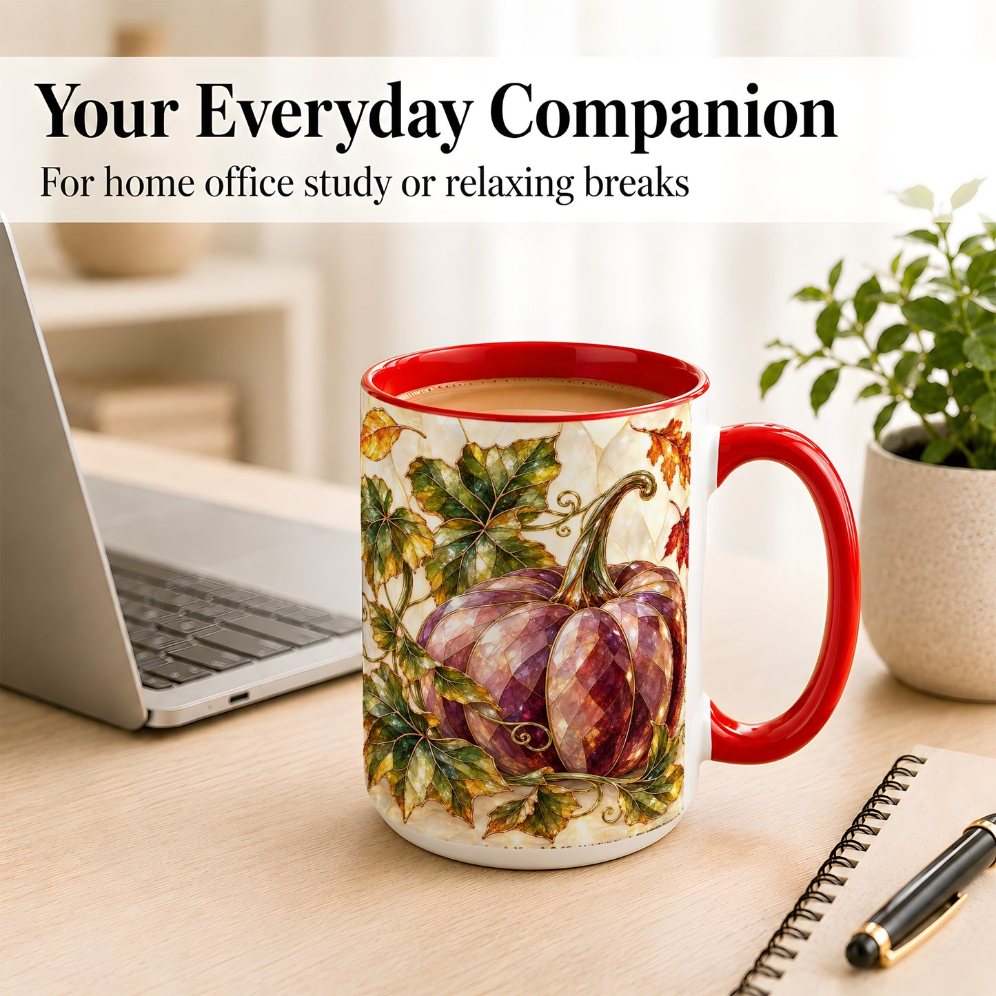 #pl[15oz|Red] Jeweled Pumpkin Coffee Mug, Autumn Leaves Mug, Ceramic Cup