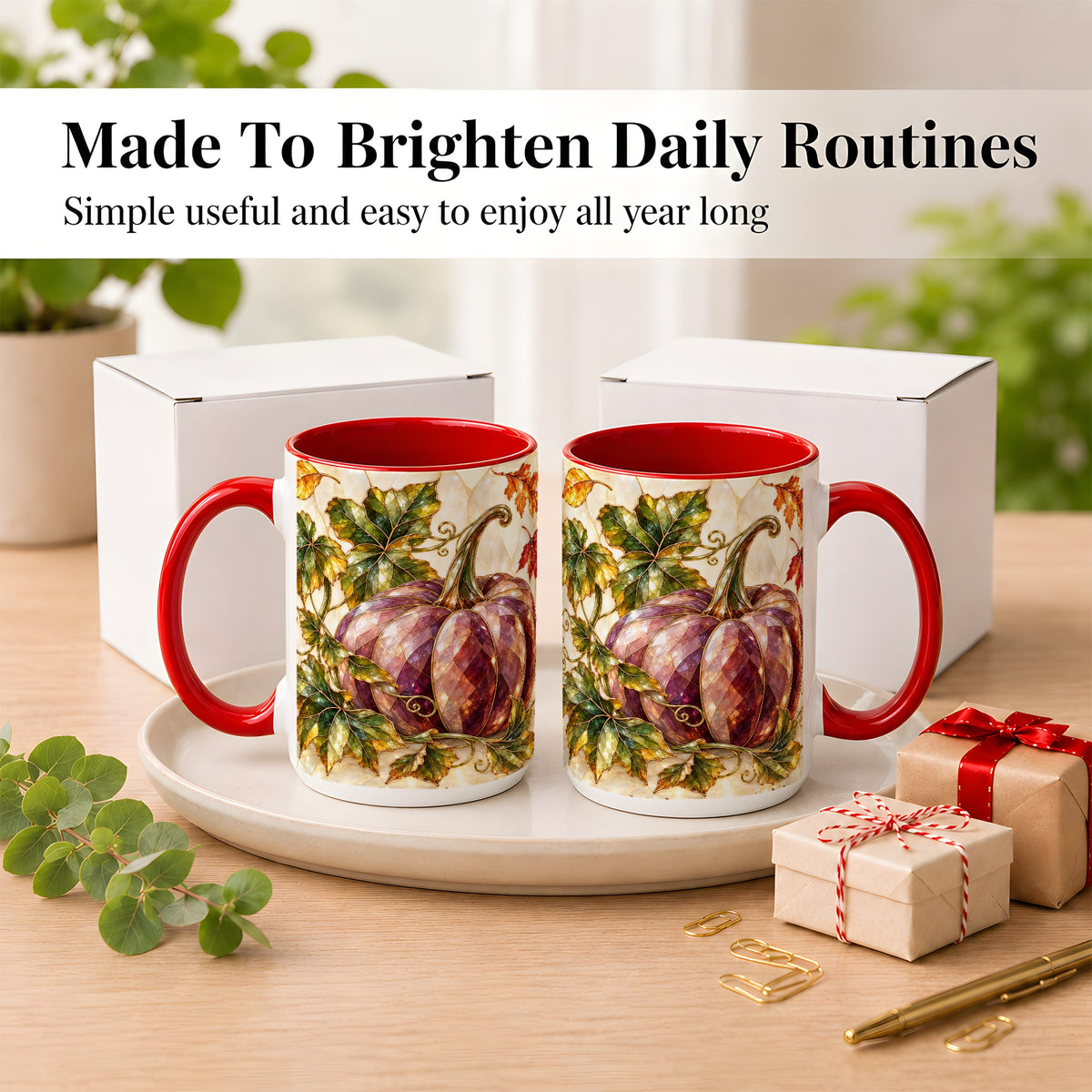 #pl[15oz|Red] Jeweled Pumpkin Coffee Mug, Autumn Leaves Mug, Ceramic Cup