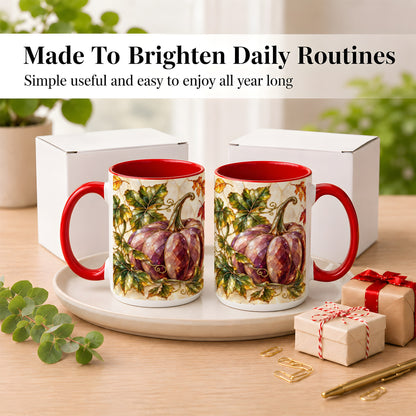 #pl[15oz|Red] Jeweled Pumpkin Coffee Mug, Autumn Leaves Mug, Ceramic Cup