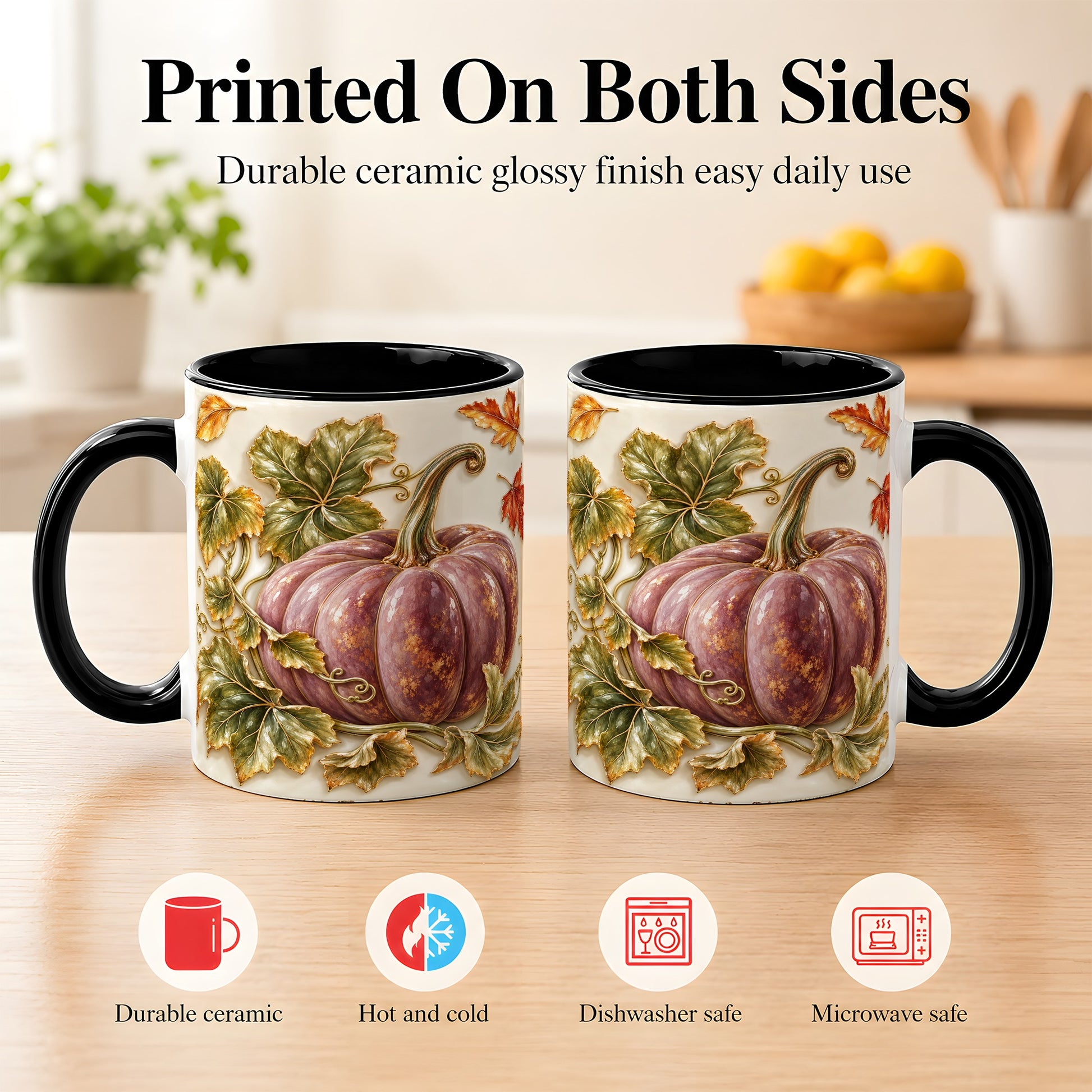 #pl[11oz|Black] Mauve Pumpkin Coffee Mug, Golden Vine Mug, Ceramic Cup