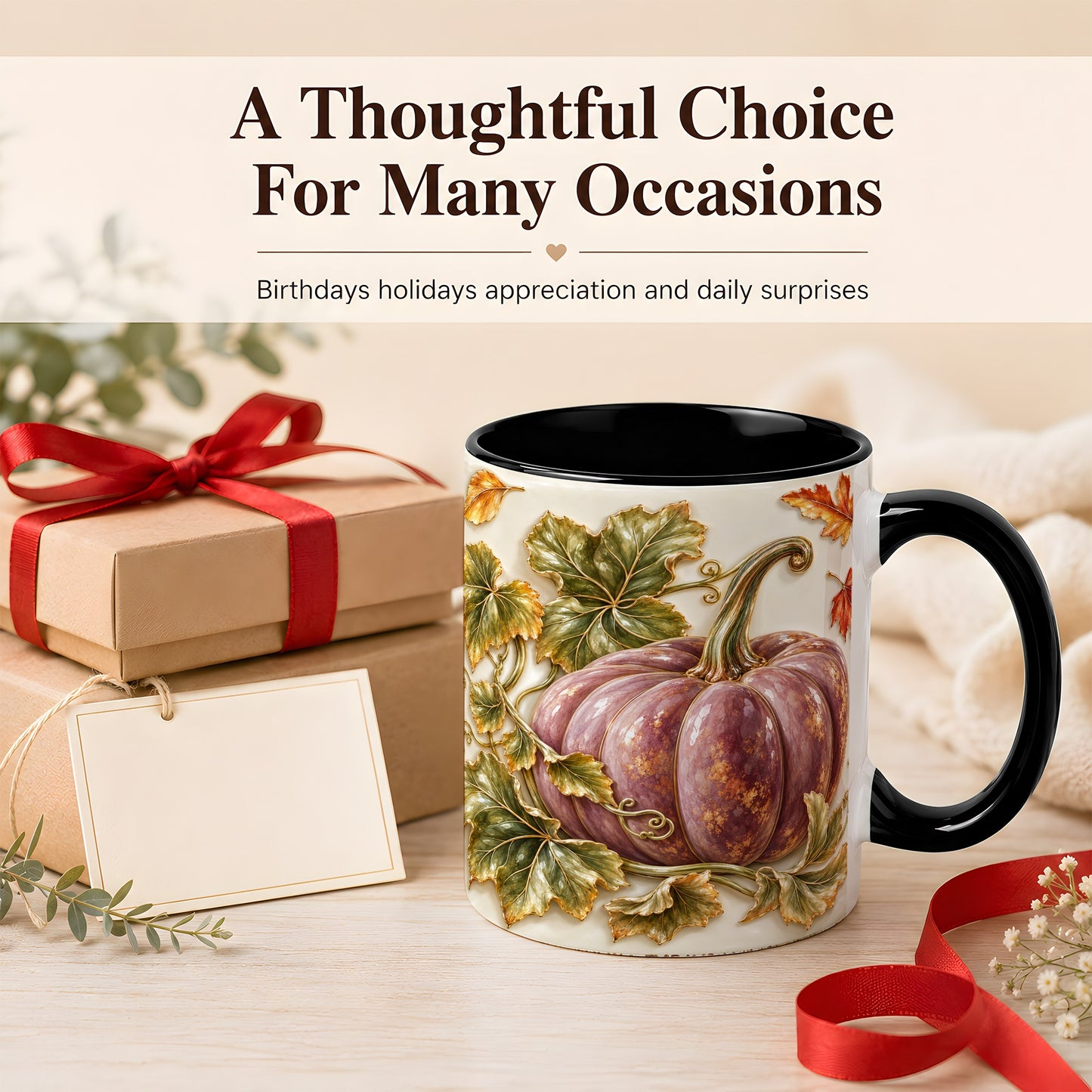 #pl[11oz|Black] Mauve Pumpkin Coffee Mug, Golden Vine Mug, Ceramic Cup
