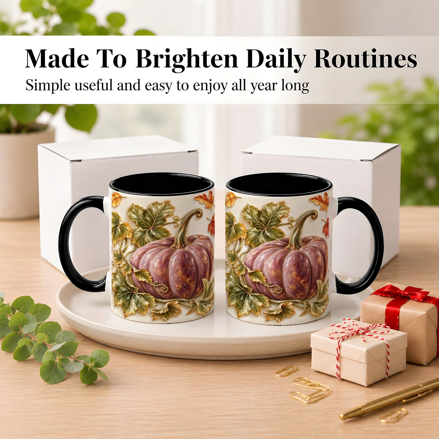 #pl[11oz|Black] Mauve Pumpkin Coffee Mug, Golden Vine Mug, Ceramic Cup