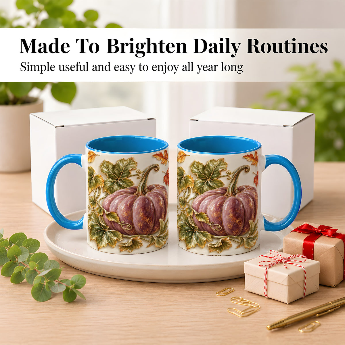#pl[11oz|Blue] Mauve Pumpkin Coffee Mug, Golden Vine Mug, Ceramic Cup