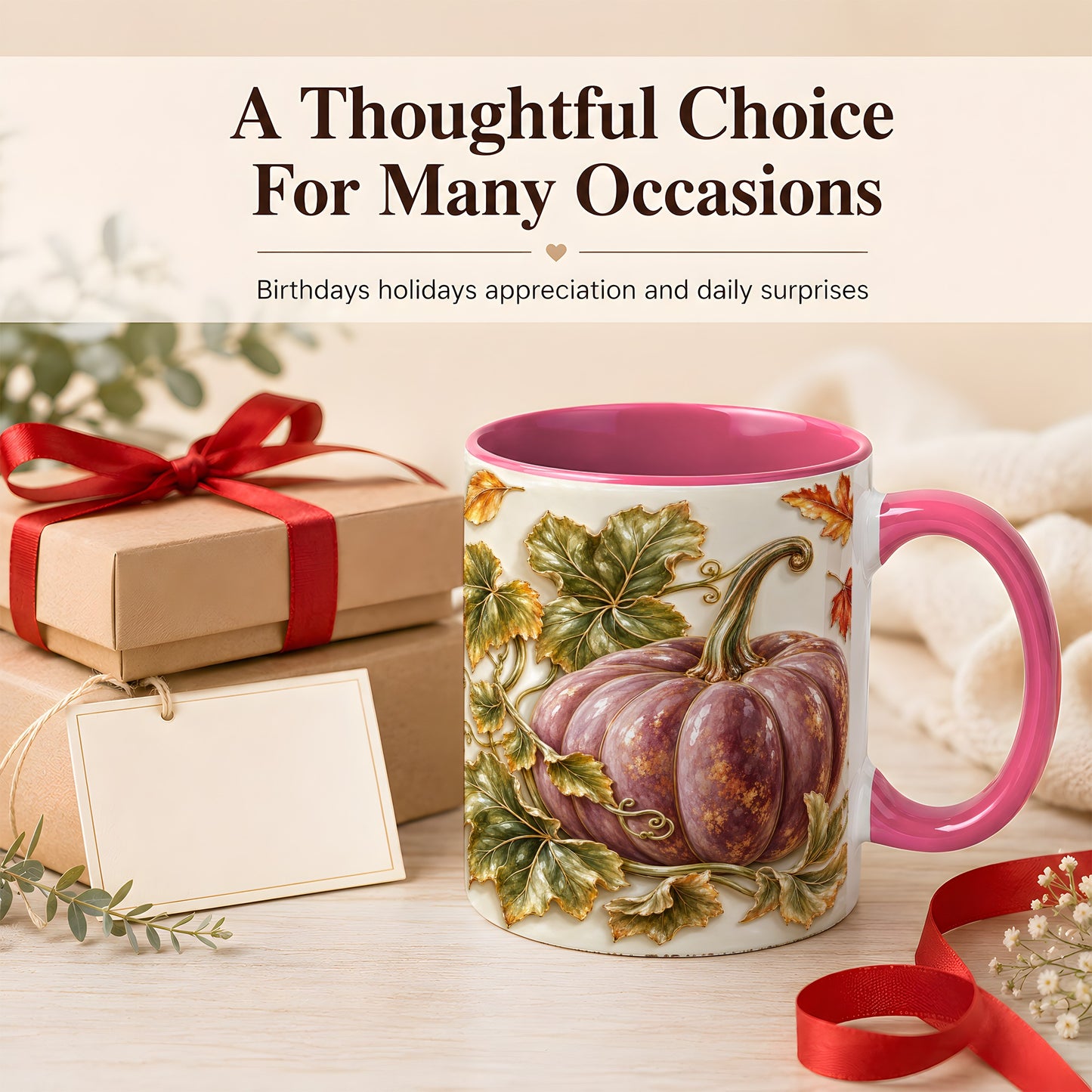 #pl[11oz|Pink] Mauve Pumpkin Coffee Mug, Golden Vine Mug, Ceramic Cup