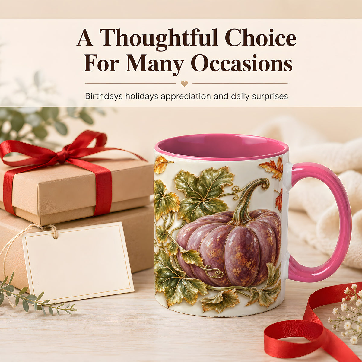 #pl[11oz|Pink] Mauve Pumpkin Coffee Mug, Golden Vine Mug, Ceramic Cup
