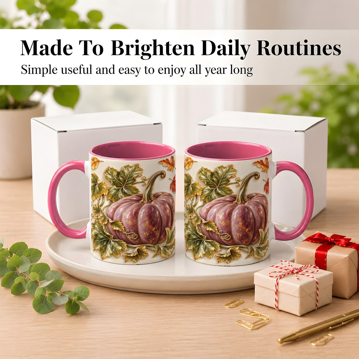 #pl[11oz|Pink] Mauve Pumpkin Coffee Mug, Golden Vine Mug, Ceramic Cup