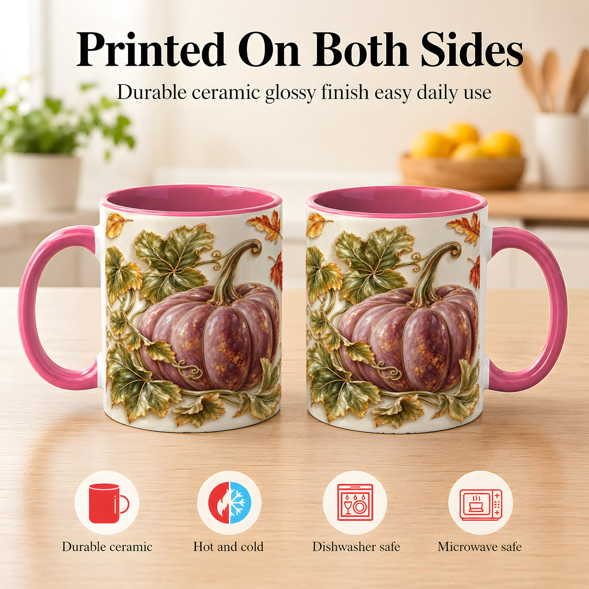 #pl[11oz|Pink] Mauve Pumpkin Coffee Mug, Golden Vine Mug, Ceramic Cup