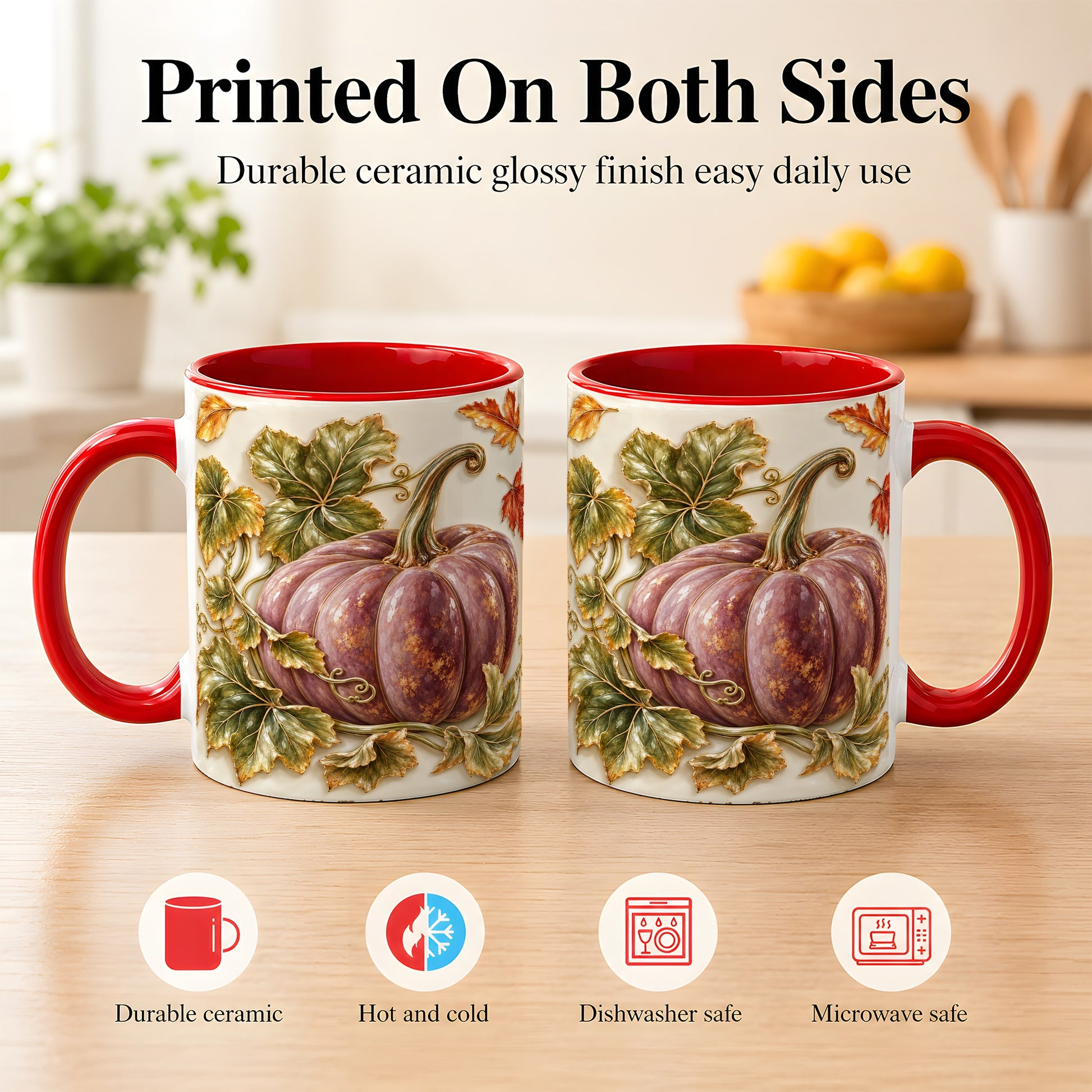 #pl[11oz|Red] Mauve Pumpkin Coffee Mug, Golden Vine Mug, Ceramic Cup