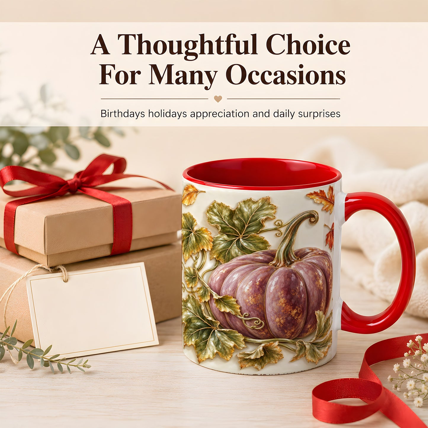 #pl[11oz|Red] Mauve Pumpkin Coffee Mug, Golden Vine Mug, Ceramic Cup