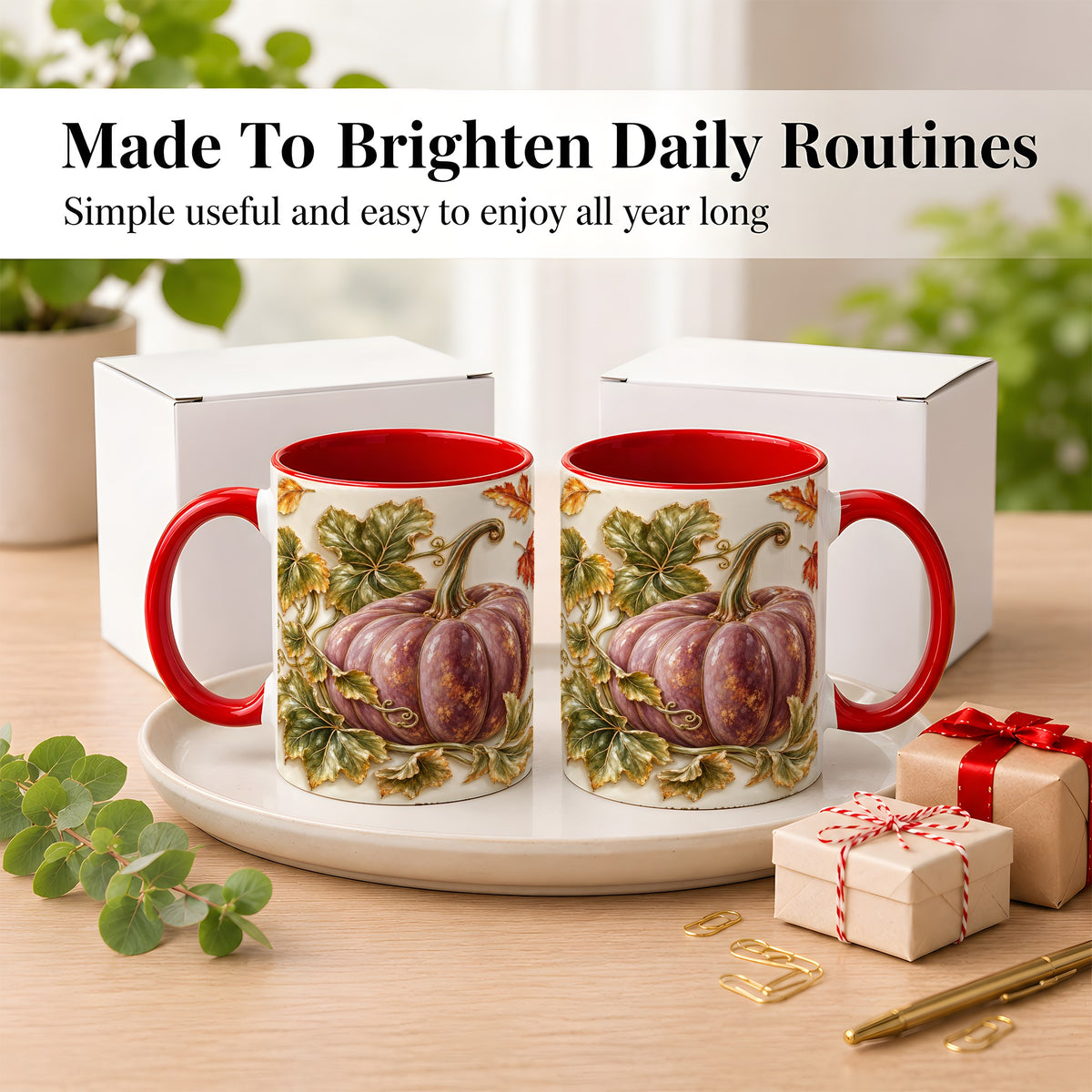 #pl[11oz|Red] Mauve Pumpkin Coffee Mug, Golden Vine Mug, Ceramic Cup