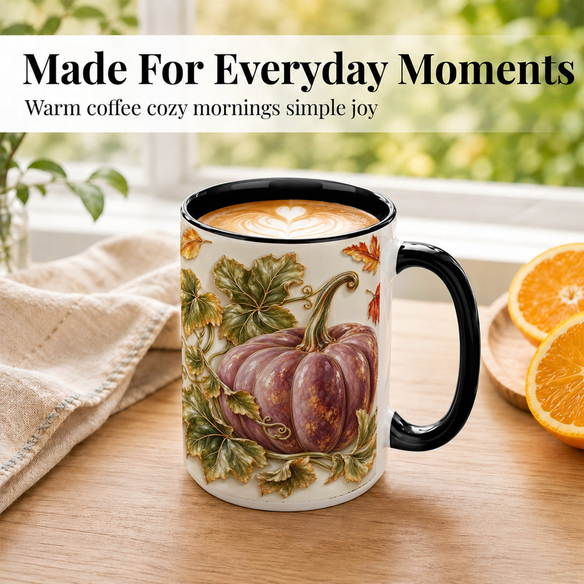 #pl[15oz|Black] Mauve Pumpkin Coffee Mug, Golden Vine Mug, Ceramic Cup