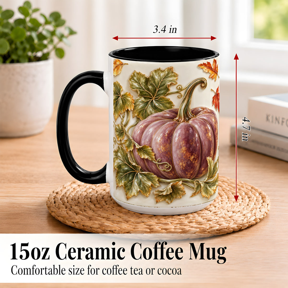 #pl[15oz|Black] Mauve Pumpkin Coffee Mug, Golden Vine Mug, Ceramic Cup