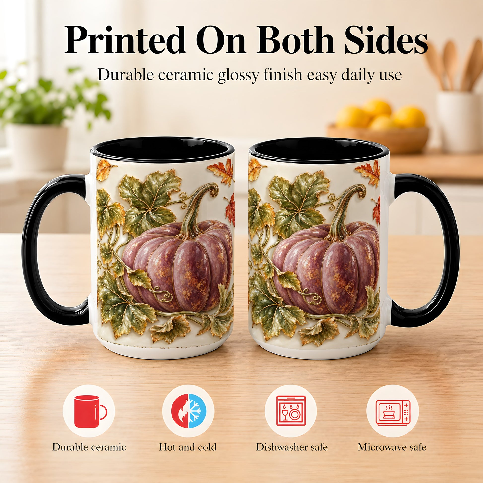 #pl[15oz|Black] Mauve Pumpkin Coffee Mug, Golden Vine Mug, Ceramic Cup