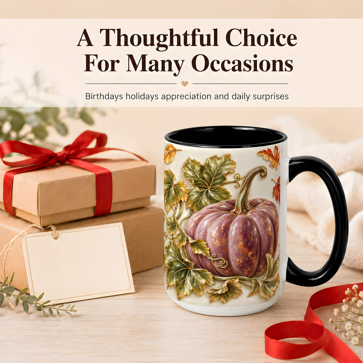 #pl[15oz|Black] Mauve Pumpkin Coffee Mug, Golden Vine Mug, Ceramic Cup