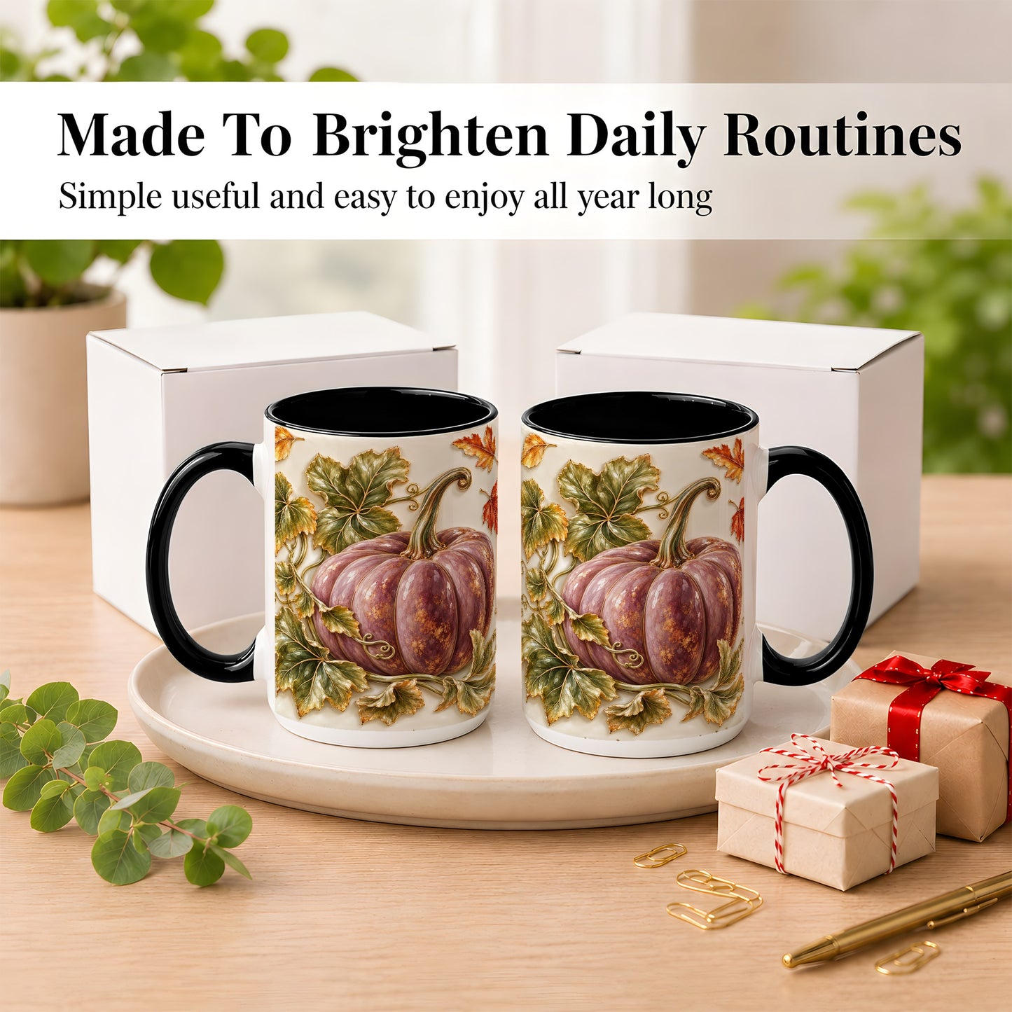 #pl[15oz|Black] Mauve Pumpkin Coffee Mug, Golden Vine Mug, Ceramic Cup