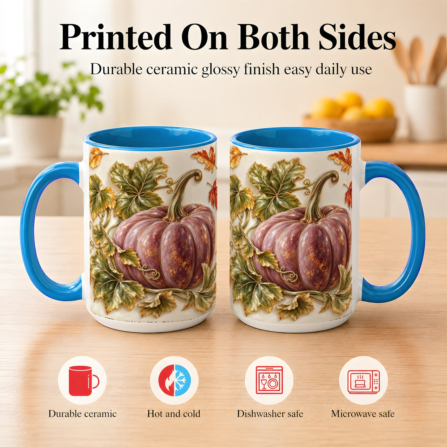 #pl[15oz|Blue] Mauve Pumpkin Coffee Mug, Golden Vine Mug, Ceramic Cup