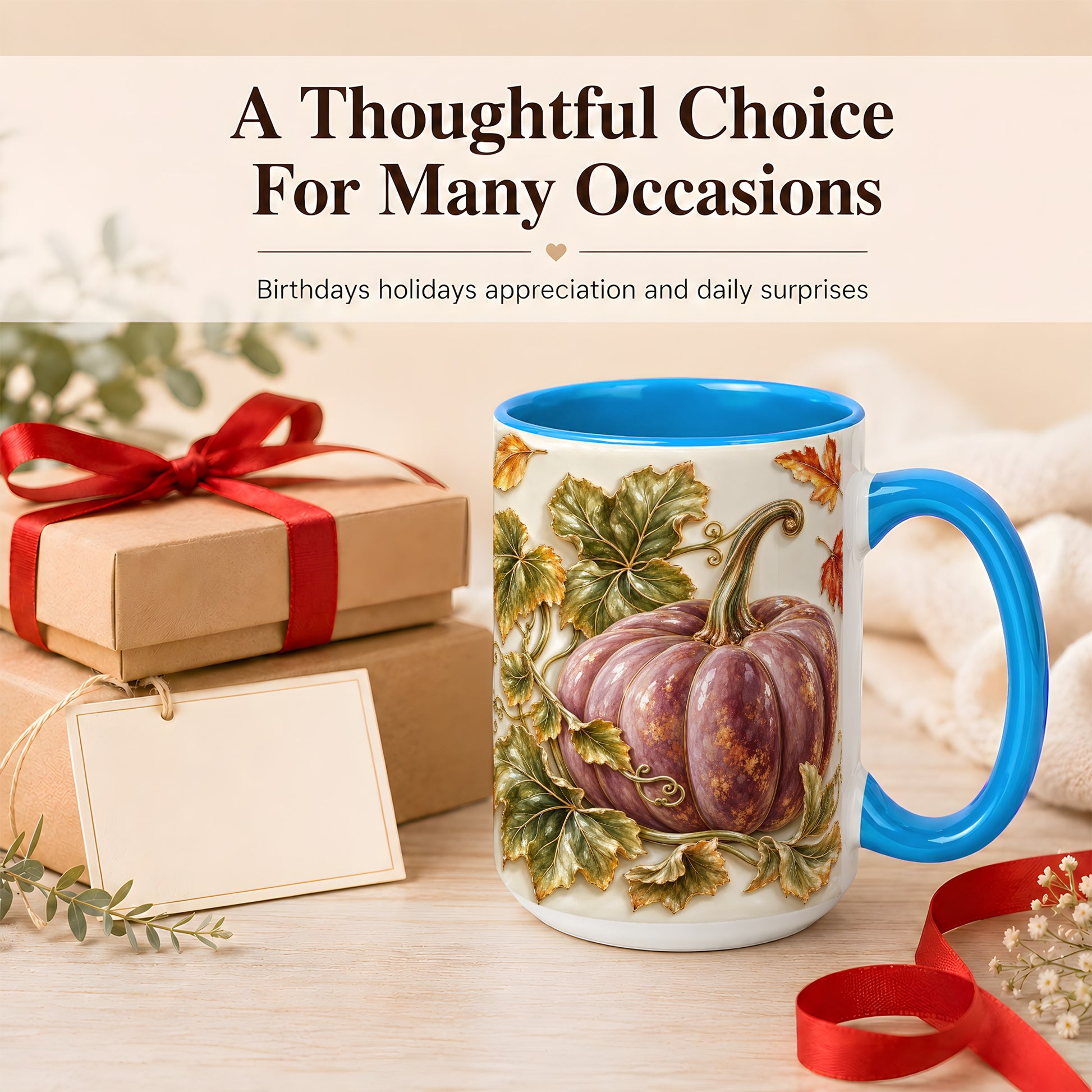 #pl[15oz|Blue] Mauve Pumpkin Coffee Mug, Golden Vine Mug, Ceramic Cup