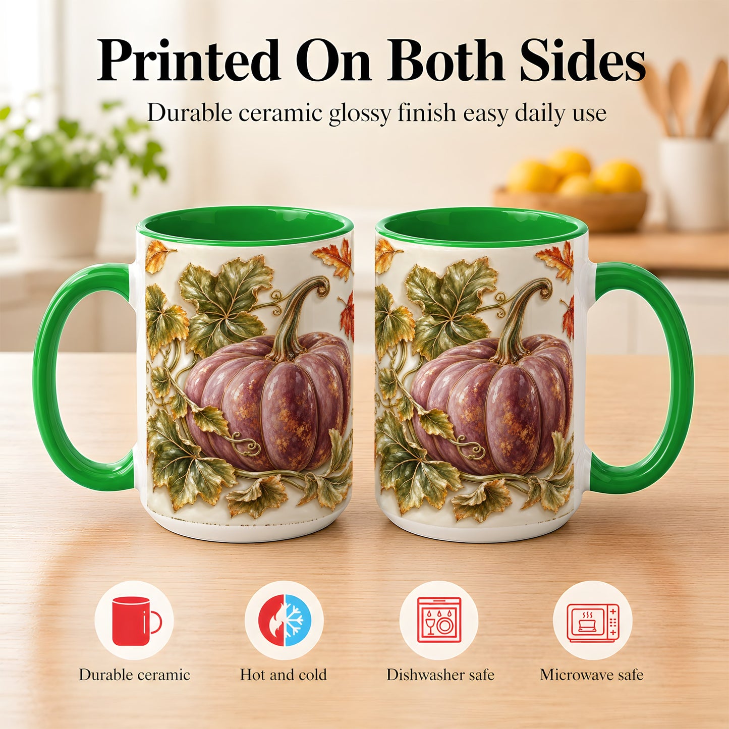 #pl[15oz|Green] Mauve Pumpkin Coffee Mug, Golden Vine Mug, Ceramic Cup