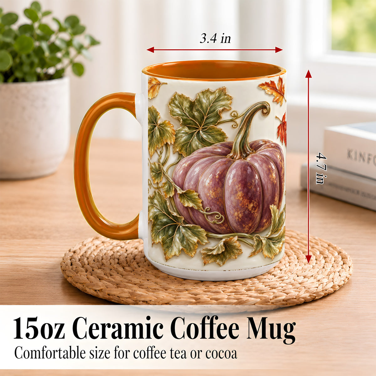 #pl[15oz|Orange] Mauve Pumpkin Coffee Mug, Golden Vine Mug, Ceramic Cup
