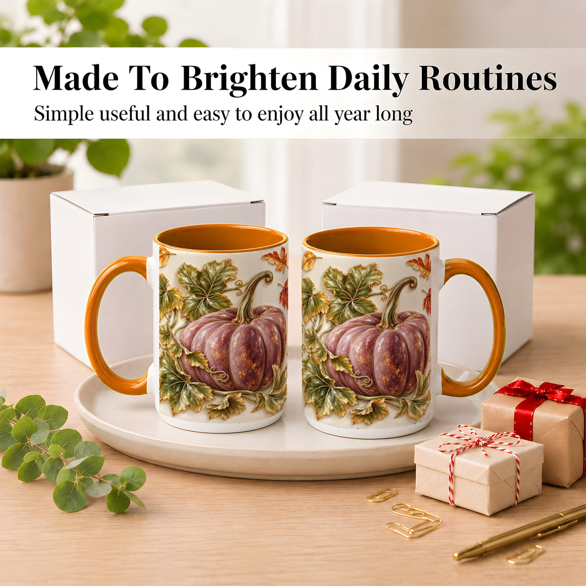 #pl[15oz|Orange] Mauve Pumpkin Coffee Mug, Golden Vine Mug, Ceramic Cup