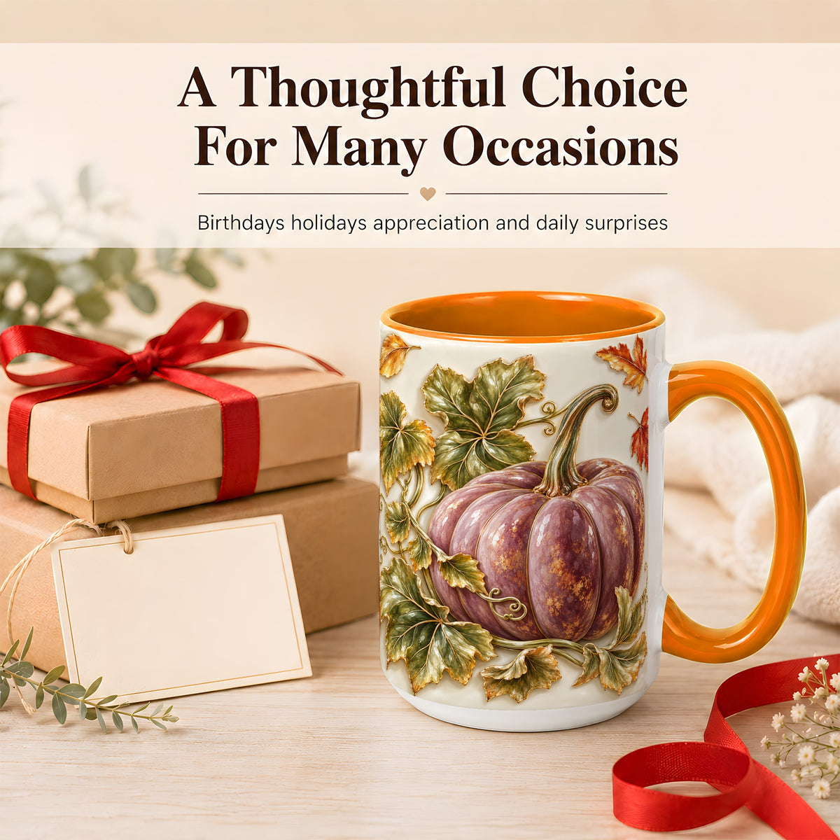 #pl[15oz|Orange] Mauve Pumpkin Coffee Mug, Golden Vine Mug, Ceramic Cup