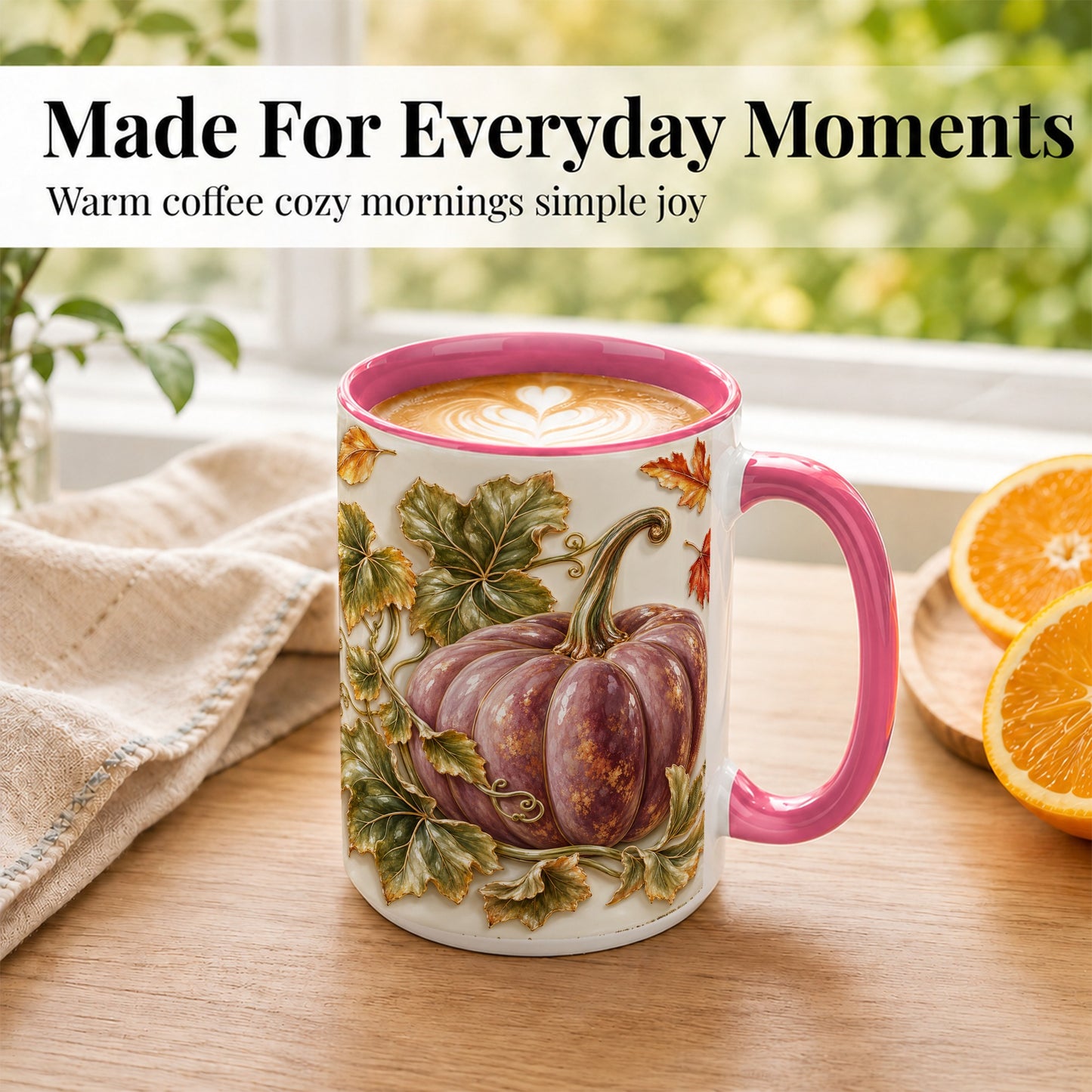 #pl[15oz|Pink] Mauve Pumpkin Coffee Mug, Golden Vine Mug, Ceramic Cup