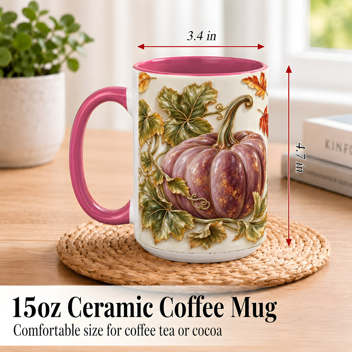 #pl[15oz|Pink] Mauve Pumpkin Coffee Mug, Golden Vine Mug, Ceramic Cup