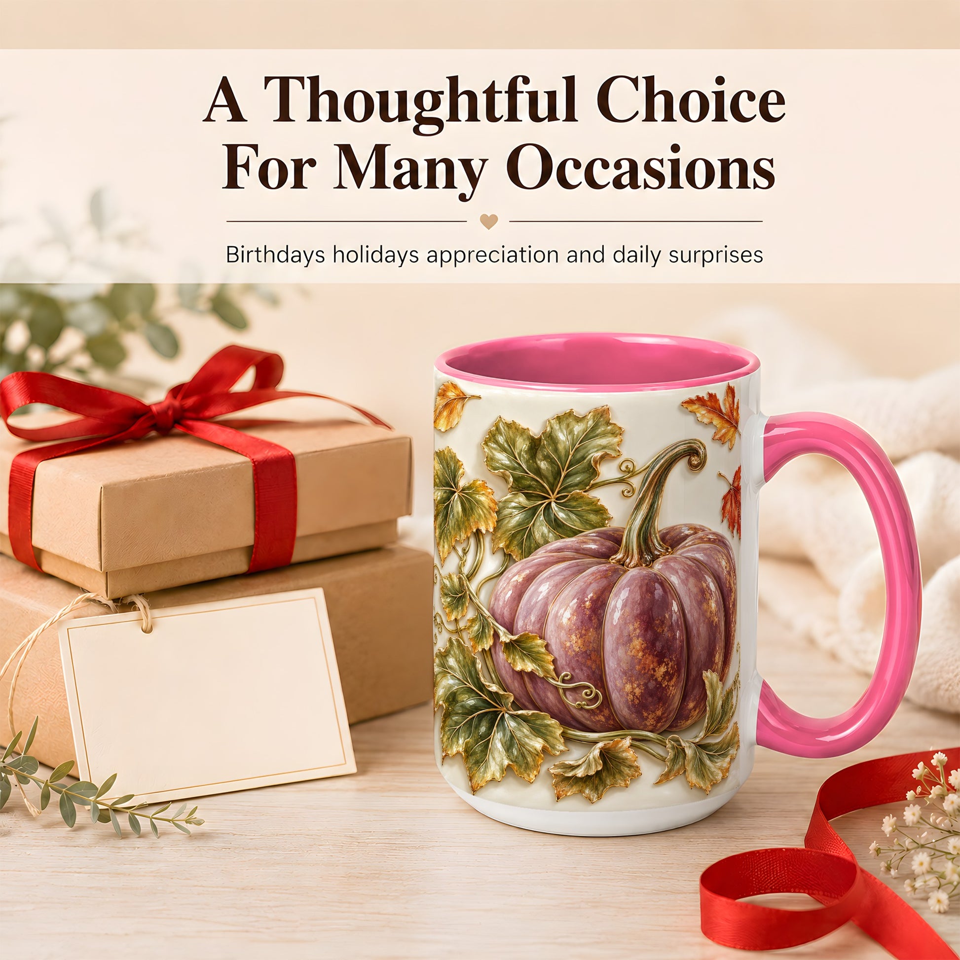 #pl[15oz|Pink] Mauve Pumpkin Coffee Mug, Golden Vine Mug, Ceramic Cup