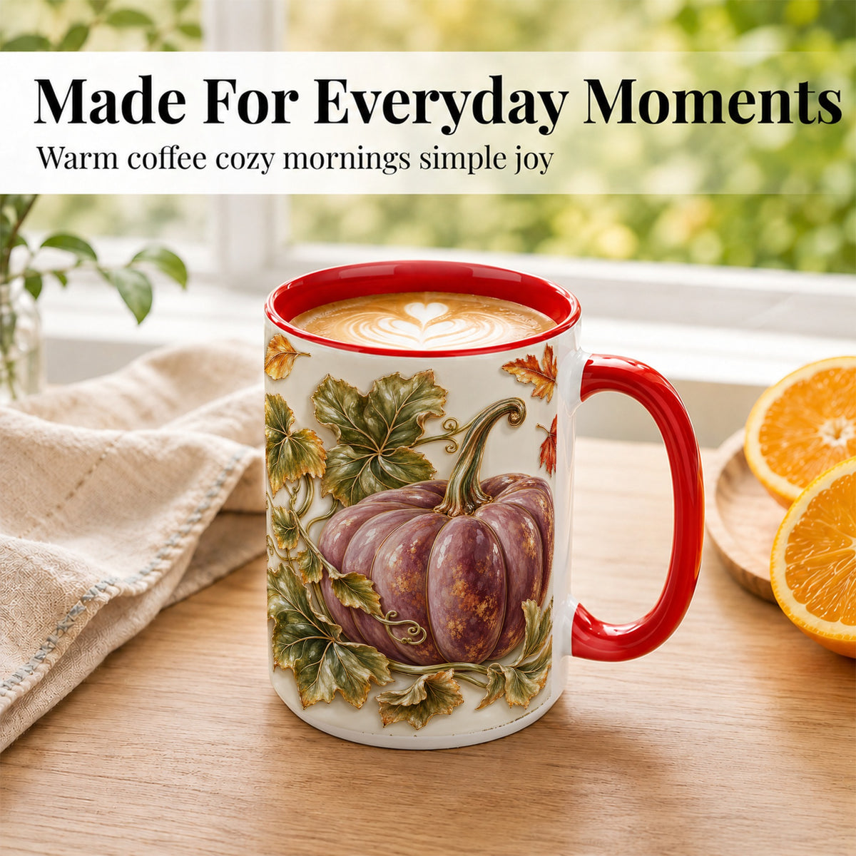 #pl[15oz|Red] Mauve Pumpkin Coffee Mug, Golden Vine Mug, Ceramic Cup