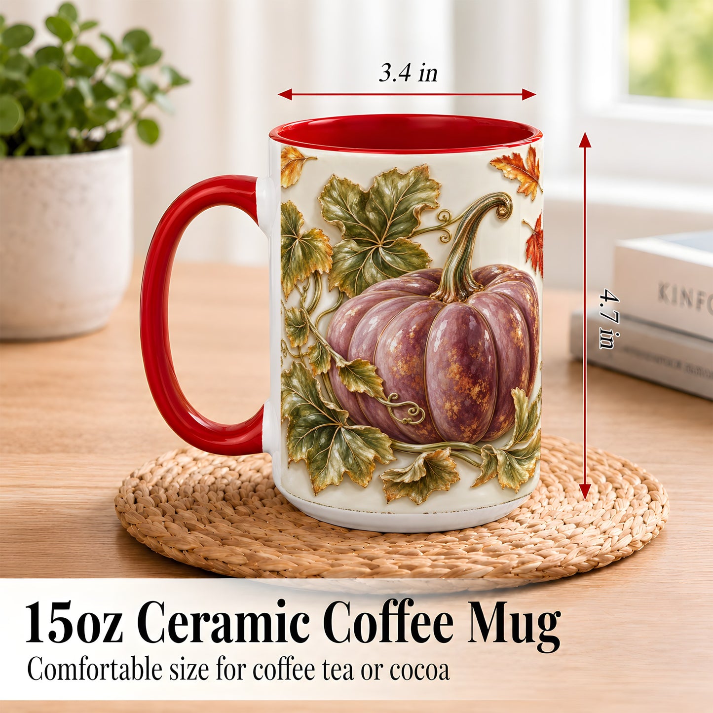 #pl[15oz|Red] Mauve Pumpkin Coffee Mug, Golden Vine Mug, Ceramic Cup