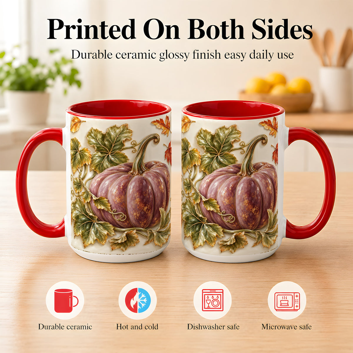 #pl[15oz|Red] Mauve Pumpkin Coffee Mug, Golden Vine Mug, Ceramic Cup