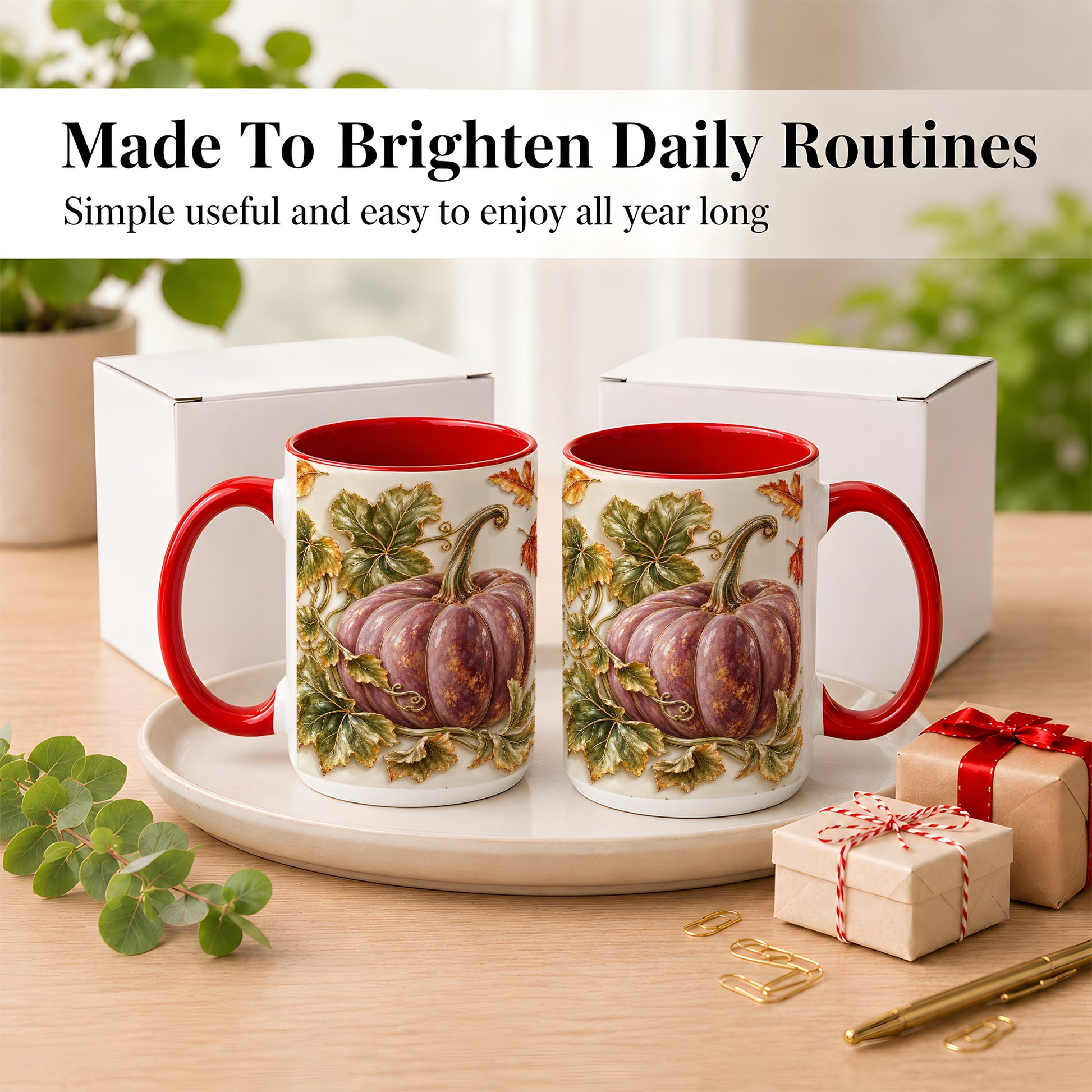 #pl[15oz|Red] Mauve Pumpkin Coffee Mug, Golden Vine Mug, Ceramic Cup