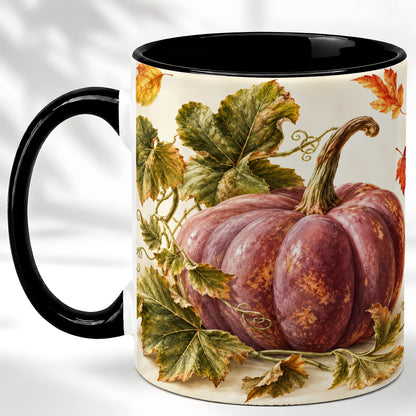 #pl[11oz|Black] Rustic Mauve Pumpkin Coffee Mug, Autumn Leaves Mug, Ceramic Cup