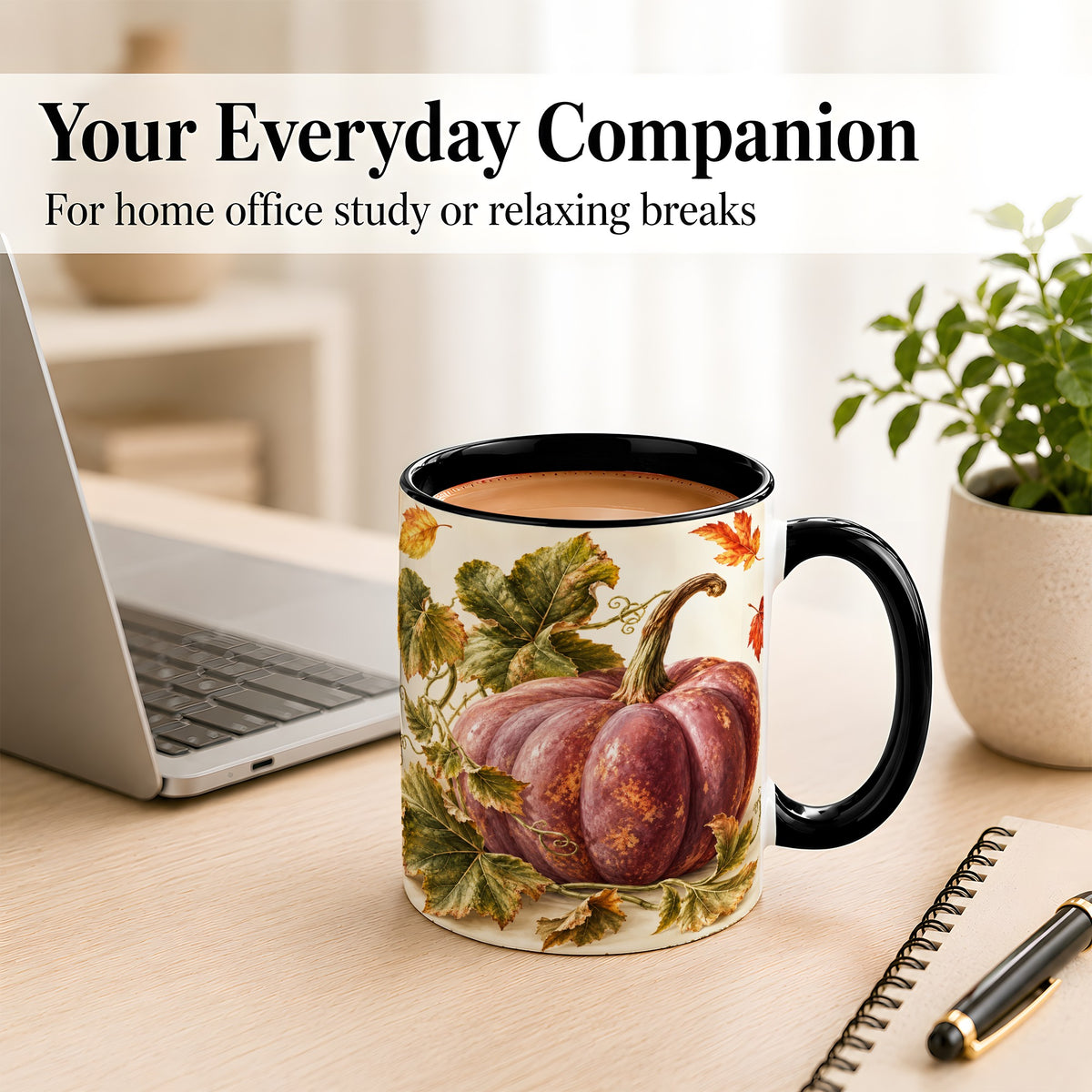 #pl[11oz|Black] Rustic Mauve Pumpkin Coffee Mug, Autumn Leaves Mug, Ceramic Cup