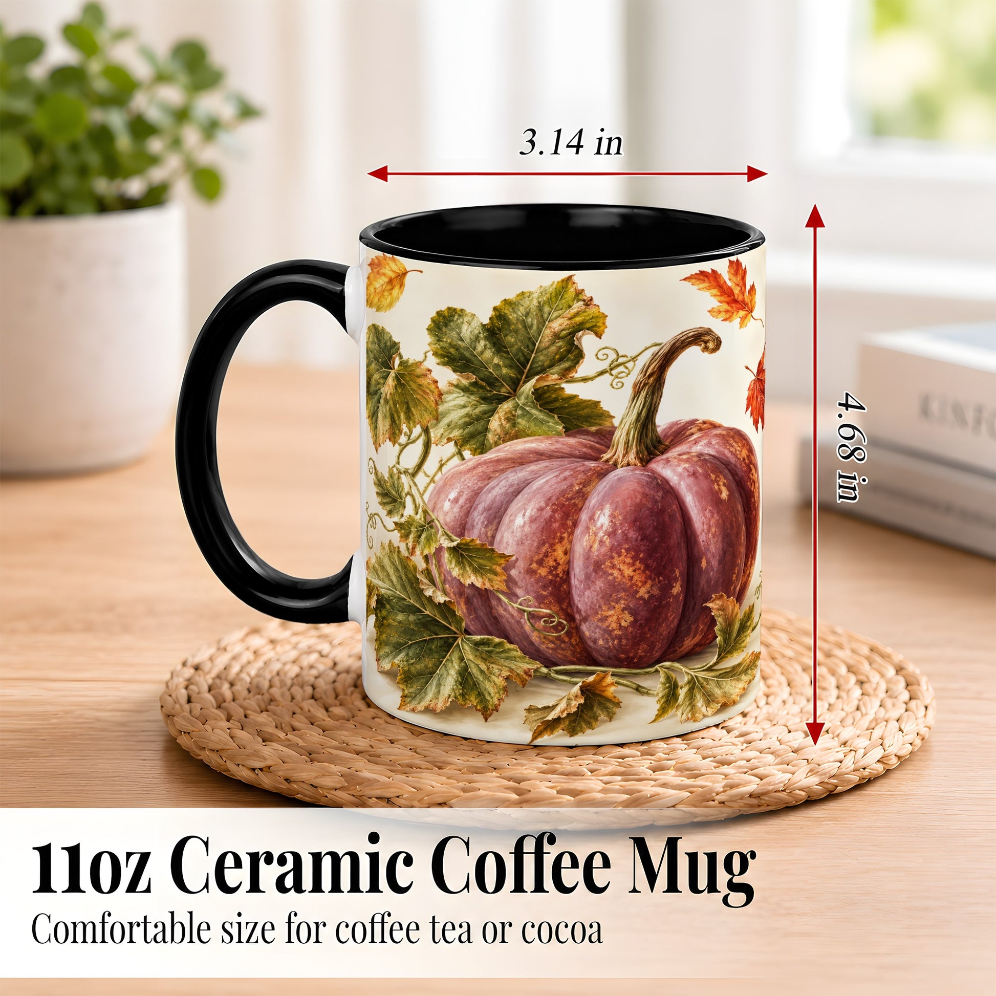#pl[11oz|Black] Rustic Mauve Pumpkin Coffee Mug, Autumn Leaves Mug, Ceramic Cup