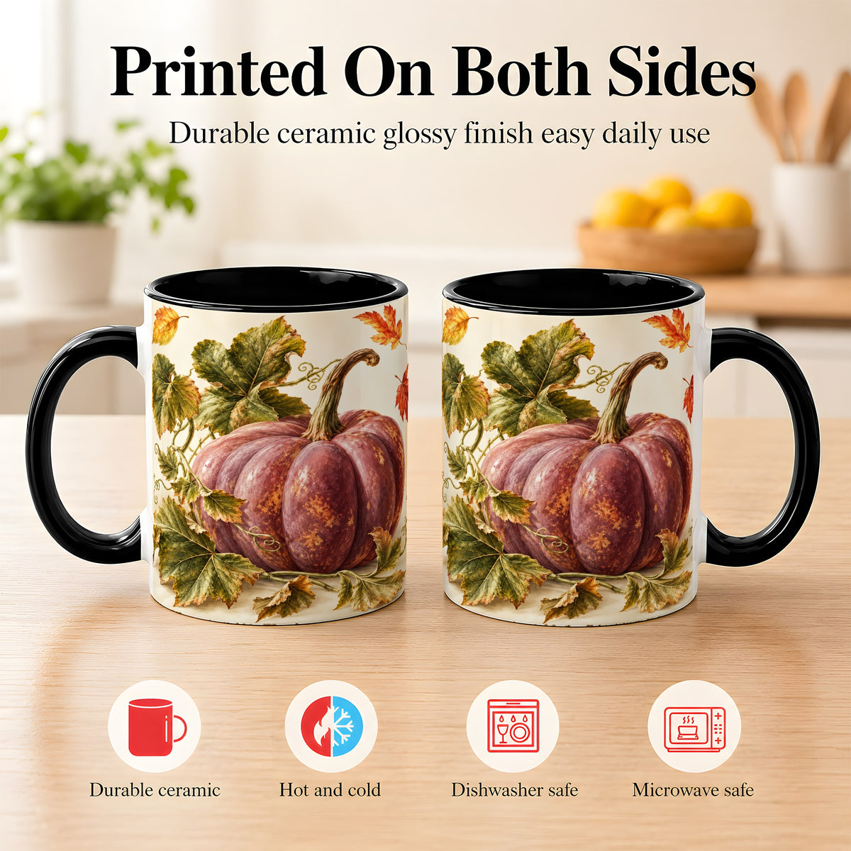 #pl[11oz|Black] Rustic Mauve Pumpkin Coffee Mug, Autumn Leaves Mug, Ceramic Cup