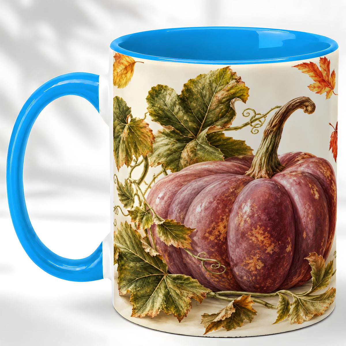 #pl[11oz|Blue] Rustic Mauve Pumpkin Coffee Mug, Autumn Leaves Mug, Ceramic Cup