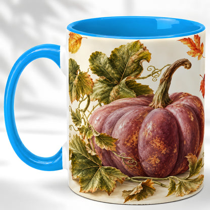 #pl[11oz|Blue] Rustic Mauve Pumpkin Coffee Mug, Autumn Leaves Mug, Ceramic Cup